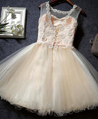 Cute Champagne A Line Lace Short Prom Dress, Homecoming Dress