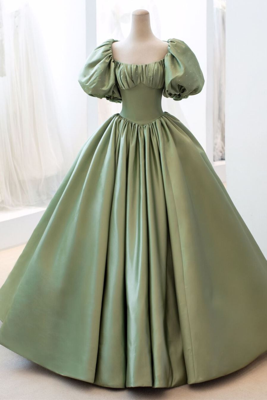Sage Green Ball Gown Short Bell Sleeves Prom Dress Outfits For Women Long