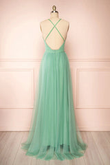 Sage Green V-Neck Tulle Long Prom Dress Outfits For Girls, Simple Backless Evening Dress