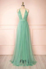 Sage Green V-Neck Tulle Long Prom Dress Outfits For Girls, Simple Backless Evening Dress