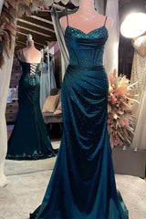 Satin Beaded V Neck Lace-Up Back Mermaid Long Formal Dress Outfits For Women Maxi Event Dresses