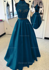 Satin Prom Dress Outfits For Women A Line Princess High Neck Long Floor Length With Lace