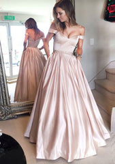 Satin Prom Dress Outfits For Women A Line Princess Off The Shoulder Long Floor Length With Beaded