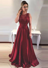 Satin Prom Dress Outfits For Women A Line Princess Scoop Neck Sweep Train With Appliqued