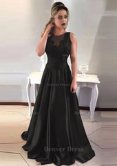 Satin Prom Dress Outfits For Women A Line Princess Scoop Neck Sweep Train With Appliqued