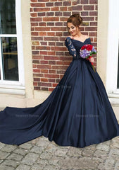 Satin Prom Dress Outfits For Women Ball Gown V Neck Cathedral Train With Lace