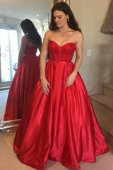 Satin Red Prom Wear Gown Dress With Beaded Bodice Evening Dresses