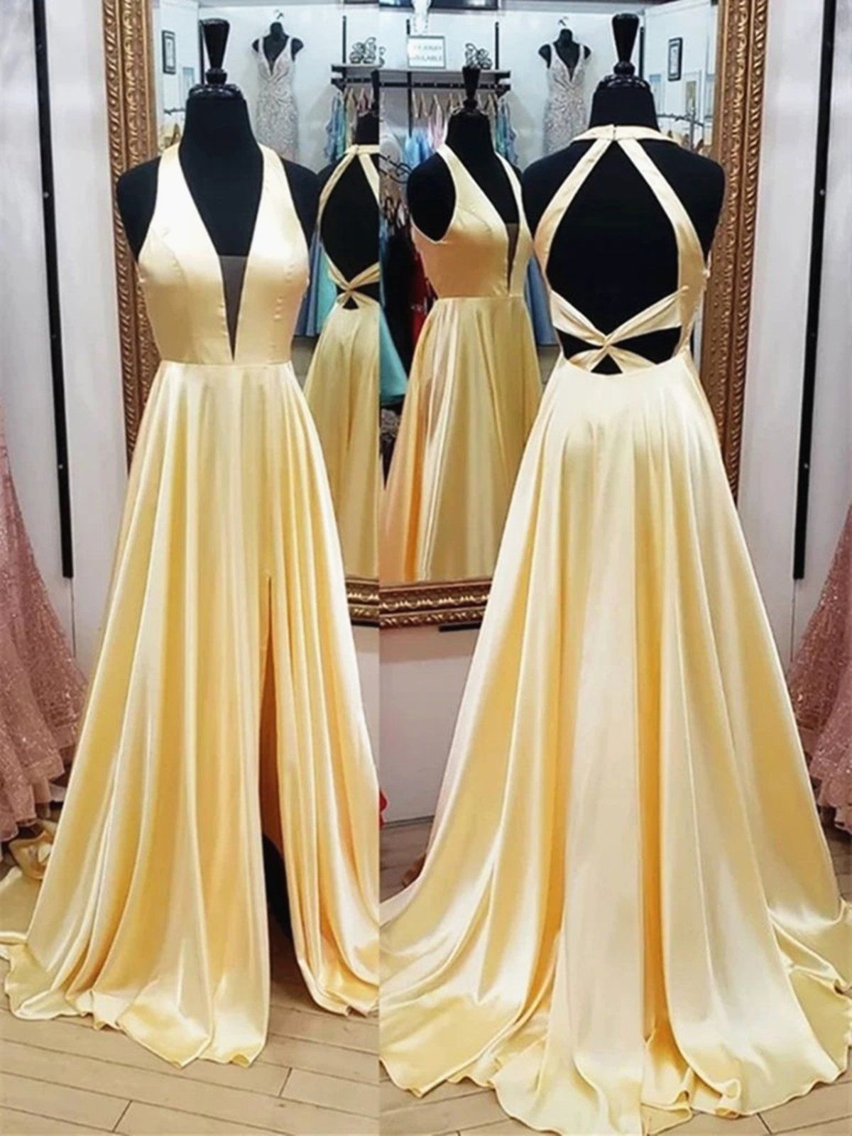 Satin Yellow Celebrity Prom Dress With Plunging V Neckline