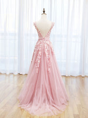 Scoop Neckline Tulle Pink Long Prom Dress Outfits For Girls, Pink Backless Evening Dresses