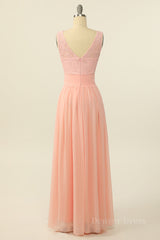 Scoop Pink Lace and Tulle A-line Long Bridesmaid Dress