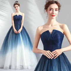 ओम्ब्रे स्ट्रैपलेस एक लाइन लॉन्ग प्रोम ड्रेस, नीले ओम्ब्रे ग्रेजुएशन ड्रेस विथ लेस अप बैक