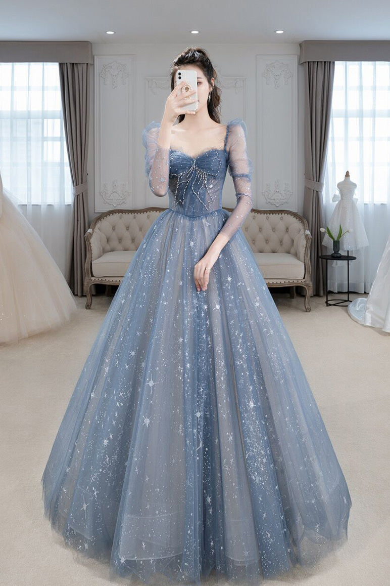 Blue Sparkly Tulle Prom Dress with Long Sleeves, Long Dress with Beading