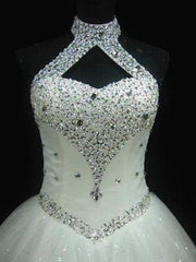 Sequin Ball Gown Sleeveless Floor Length Beading Tulle Halter Wedding Dresses