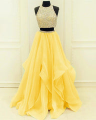 Sequins Beaded Organza Layered Two Piece Ball Gowns Prom Dress Outfits For Girls,Wedding Party Dress