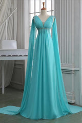Sequins Ruched V Neck Empire Prom Dress Outfits For Girls, Turquoise Floor Length Sweep Train Prom Dress Outfits For Girls, Unique Lace-up Long Chiffon Prom Dress