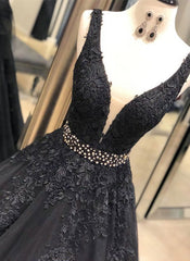 Sexy Black V Neck Tulle Long Prom Dress Outfits For Girls,Evening Dress Outfits For Women Formal Wear