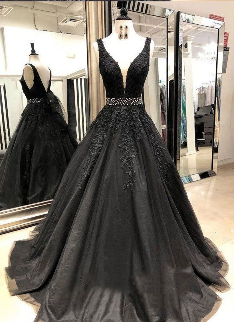 Sexy Black V Neck Tulle Long Prom Dress Outfits For Girls,Evening Dress Outfits For Women Formal Wear