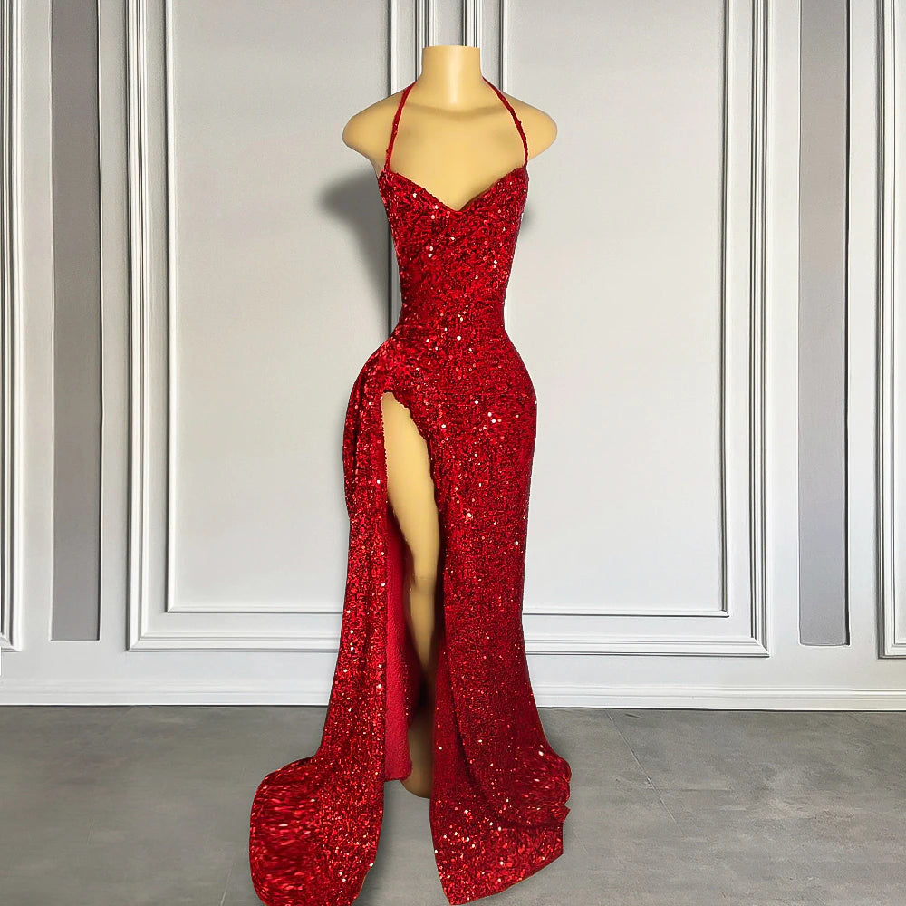 Sexy High Slit Halter Sleeveless Sparkly Red Sequined Long Prom Dresses For Black girls for Black Girls