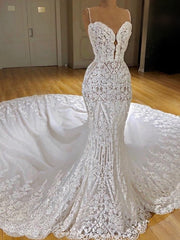 Sexy Long Mermaid V-neck Spaghetti Straps Appliques Lace Wedding Dress