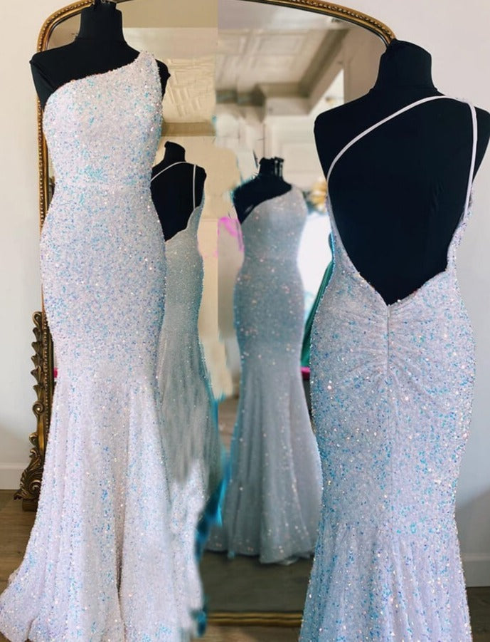 Sexy Sparkly Mermaid Prom Dress Outfits For Girls,One Shoulder Sequin Holiday Dress