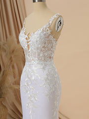 Sheath Charmeuse V-neck Appliques Lace Sweep Train Wedding Dress
