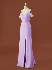 Sheath Chiffon Cold Shoulder Pleated Floor-Length Bridesmaid Dress