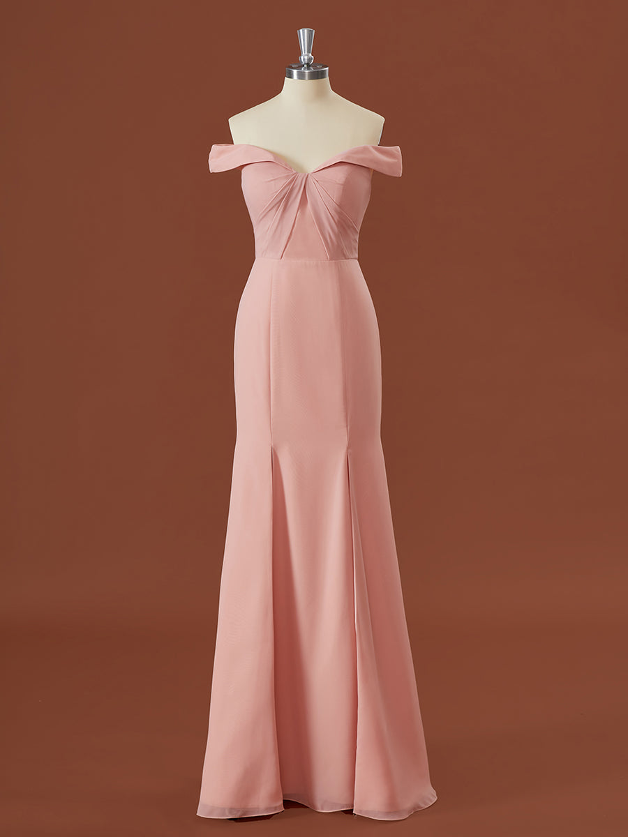 Sheath Chiffon Off-the-Shoulder Pleated Floor-Length Bridesmaid Dress