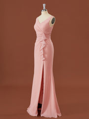Sheath Chiffon V-neck Pleated Floor-Length Bridesmaid Dress