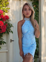 Sheath Halter Short Lace Homecoming Dresses For Black girls With Beading