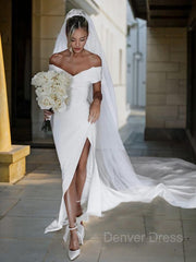 Sheath Off-the-Shoulder Chapel Train Charmeuse Wedding Dresses For Black girls With Leg Slit