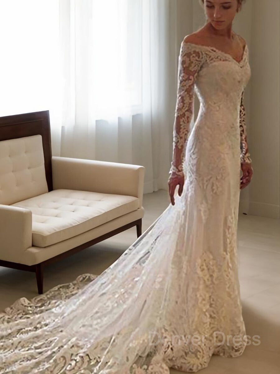 Sheath Off-the-Shoulder Court Train Lace Wedding Dresses For Black girls With Appliques Lace