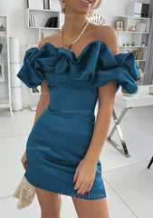 Sheath Column Off The Shoulder Sleeveless Satin Short Mini Homecoming Dress Outfits For Women With Ruffles