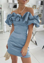 Sheath Column Off The Shoulder Sleeveless Satin Short Mini Homecoming Dress Outfits For Women With Ruffles