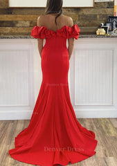 Sheath Column Off The Shoulder Sleeveless Sweep Train Satin Prom Dress Outfits For Women With Ruffles Split