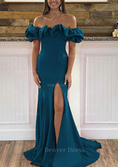 Sheath Column Off The Shoulder Sleeveless Sweep Train Satin Prom Dress Outfits For Women With Ruffles Split