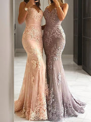 Sheath Spaghetti Straps Sweep Train Tulle Evening Dresses For Black girls With Appliques Lace