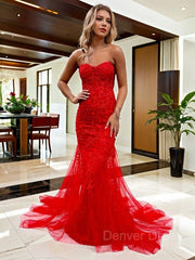 Sheath Sweetheart Court Train Tulle Prom Dresses For Black girls With Appliques Lace