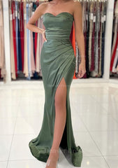 Sheath Column Sweetheart Sleeveless Charmeuse Long Floor Length Prom Dress Outfits For Women With Pleated Split