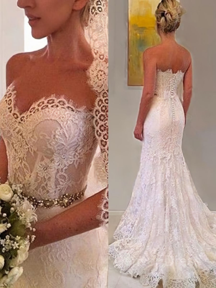Sheath Sweetheart Sweep Train Lace Wedding Dresses For Black girls With Beading