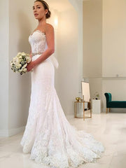 Sheath Sweetheart Sweep Train Lace Wedding Dresses For Black girls With Beading