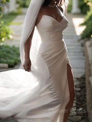 Sheath Sweetheart Sweep Train Satin Wedding Dresses For Black girls With Leg Slit