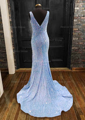 Sheath Column Trumpet Mermaid V Neck Sleeveless Velvet Sequins Sweep Train Prom Dress