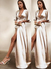 Sheath V-neck Floor-Length Silk like Satin Evening Dresses For Black girls With Leg Slit