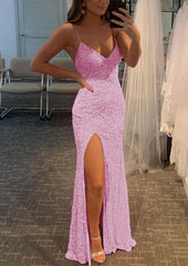 Sheath Column V Neck Spaghetti Straps Long Floor Length Velvet Sequins Prom Dress Outfits For Women With Split