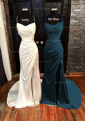 Sheath Column V Neck Spaghetti Straps Sweep Train Satin Prom Dress Outfits For Women With Pleated Split