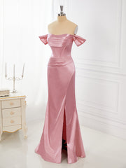Sheath Elastic Woven Satin Off-the-Shoulder Pleated Floor-Length Corset Dress
