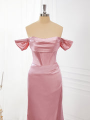 Sheath Elastic Woven Satin Off-the-Shoulder Pleated Floor-Length Corset Dress