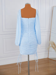 Sheath Long Sleeves Chiffon Square Pleated Short/Mini Dress
