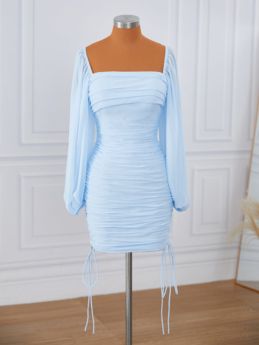 Sheath Long Sleeves Chiffon Square Pleated Short/Mini Dress