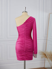 Sheath Long Sleeves Jersey One-Shoulder Pleated Short/Mini Dress